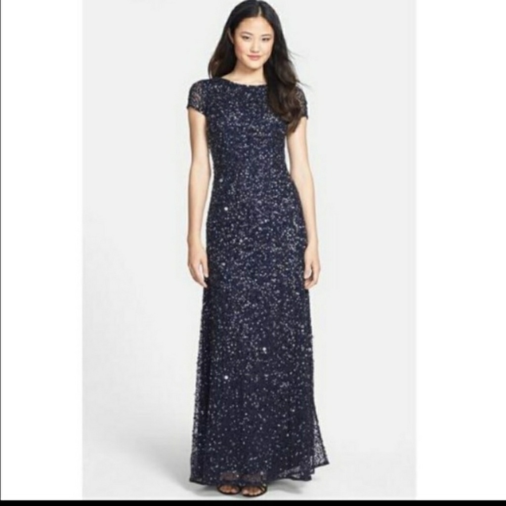 Adrianna Papell navy blue sequined gown